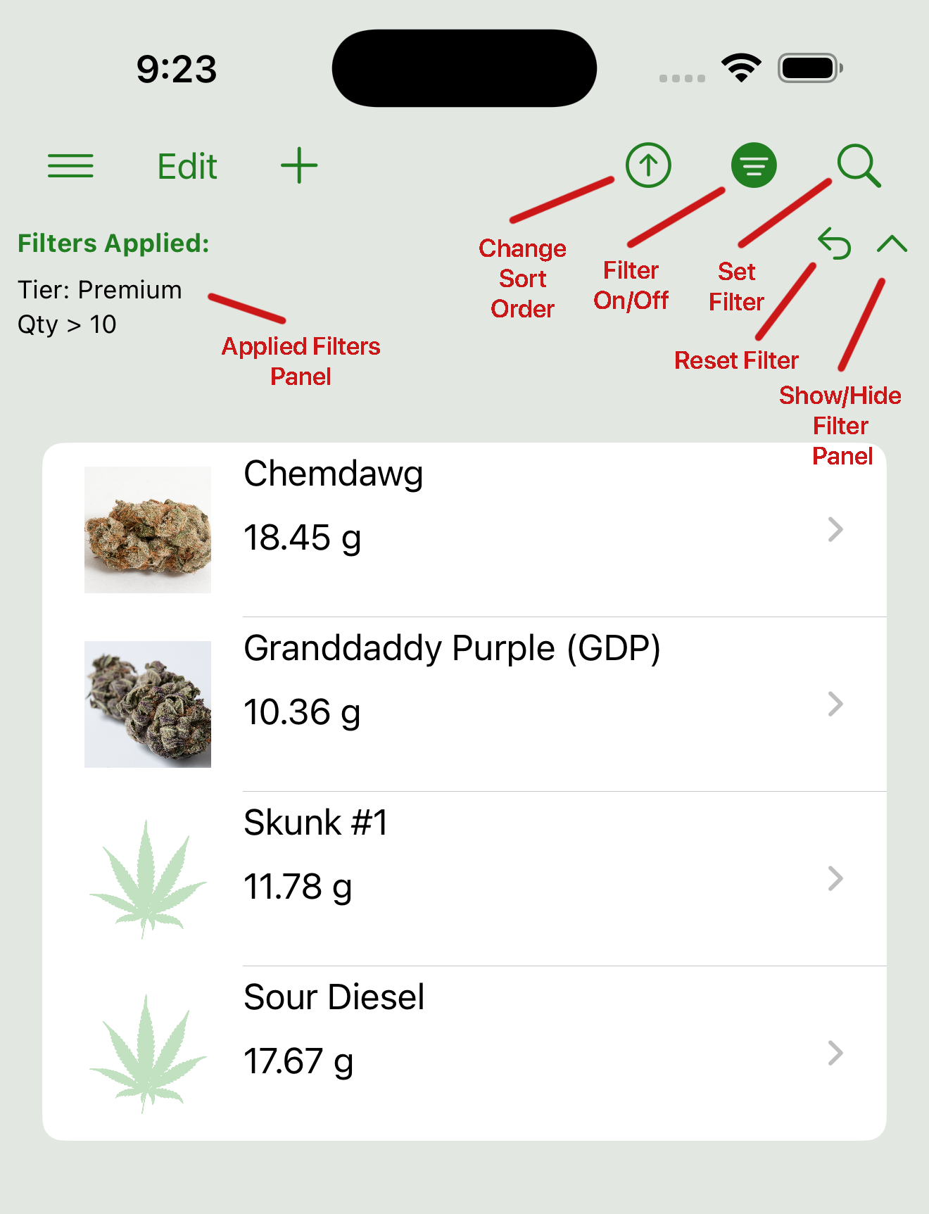 Inventory filter panel with sort and filter options